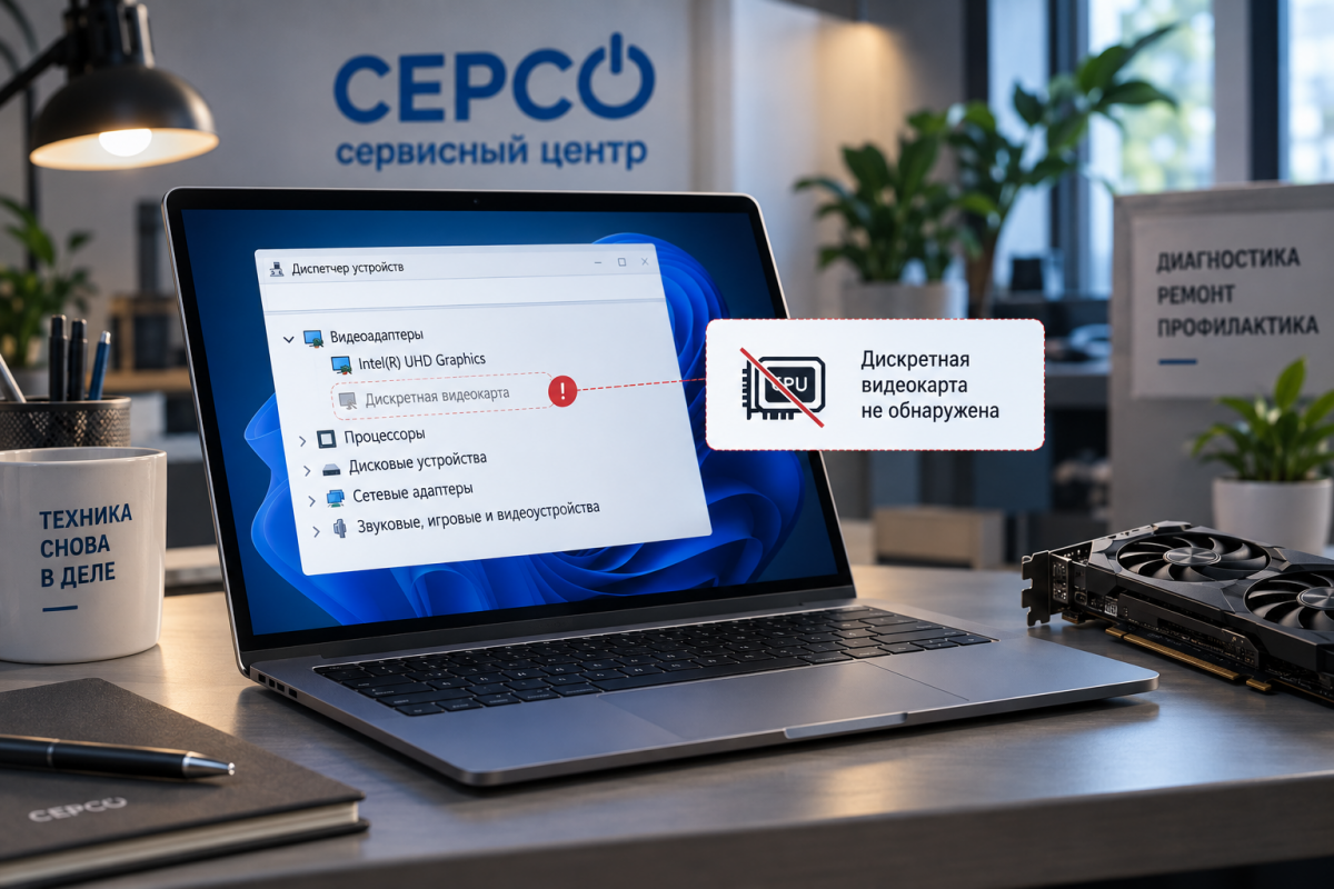 Ноутбук с ошибкой «Дискретная видеокарта не обнаружена» в диспетчере устройств Windows